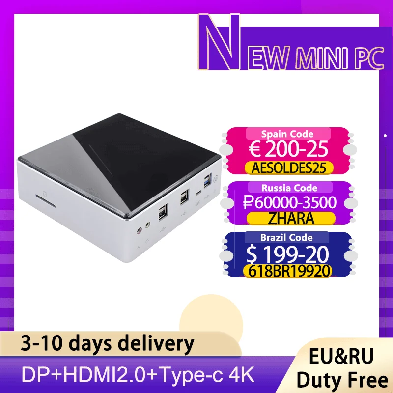 

10th Gen Mini PC Computer Intel i7-10510U 4 Core 2*DDR4 64GB M.2 SSD 2*LANs 4K HTPC Windows 10 Linux 8*USB USB-C HDMI DP ACWiFi