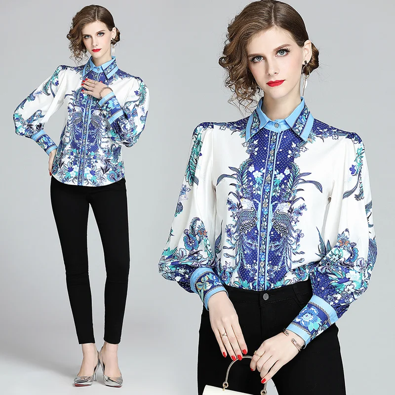 

JKKFZY Women Print Blouse Clothing 2020 Puff Sleeve Elegant Casual Shirt Ladies Chiffon Top Loose Plus Size Vintage Blouses