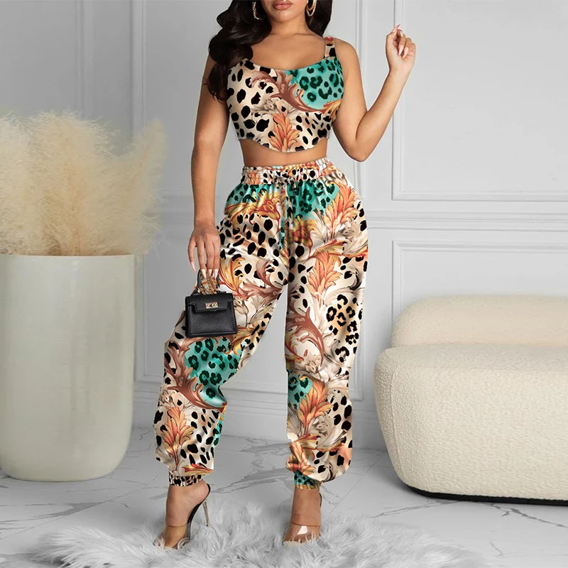 

Summer New Streetwear Slim Printed Two Piece Set Women Fashion O Neck Short Vest Top + Lace-Up Wide Leg Pants Suits Lady Outfits