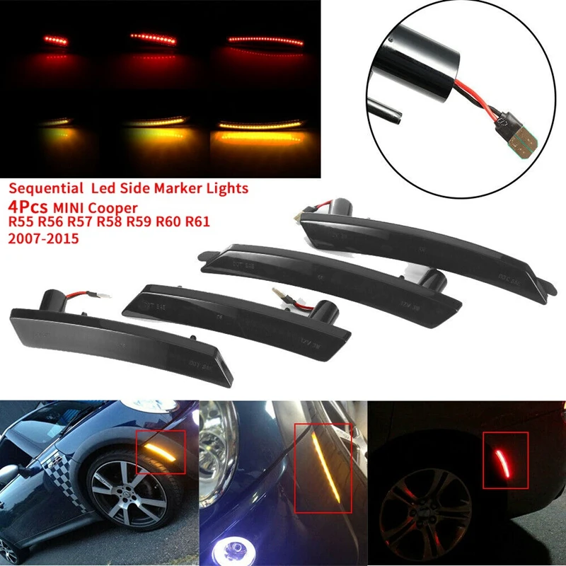 4Pcs Sequential Smoked Lens Amber/Red Led Side Marker Lights for MINI Cooper R55 R56 R57 R58 R59 R60 R61 2007-2015 | Автомобили и