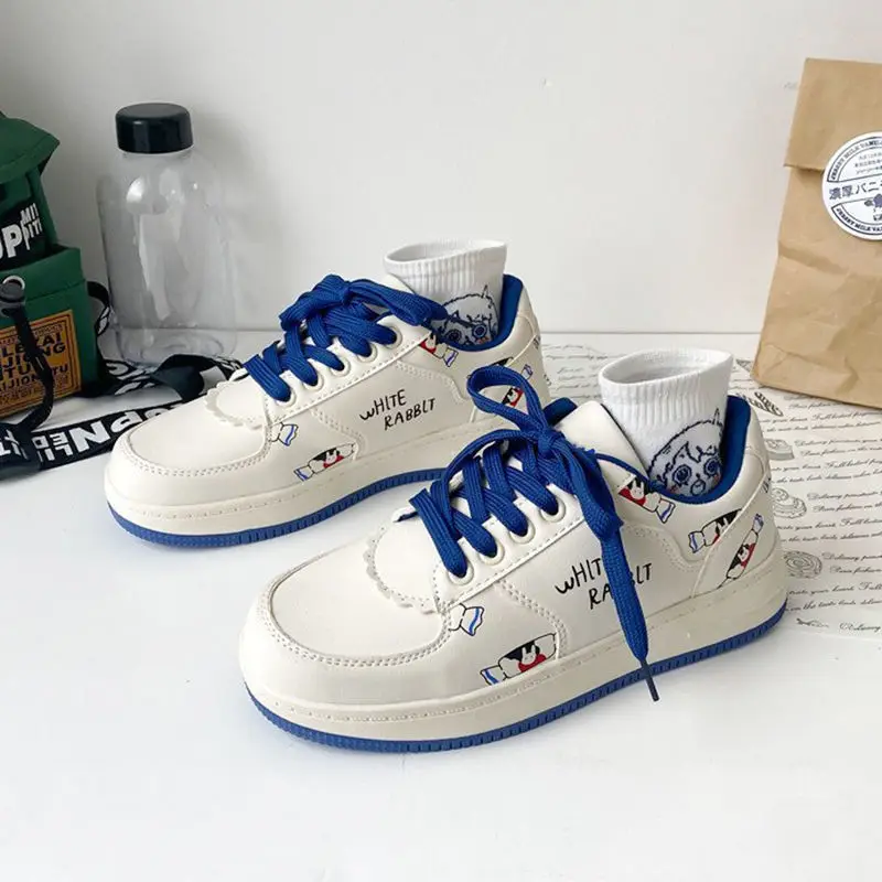 

QWEEK Women Sports Kawaii White Flat Platform Sneakers Shoes Spring Anime Rubber Sole Korean Vulcanize Casual Autumn Running