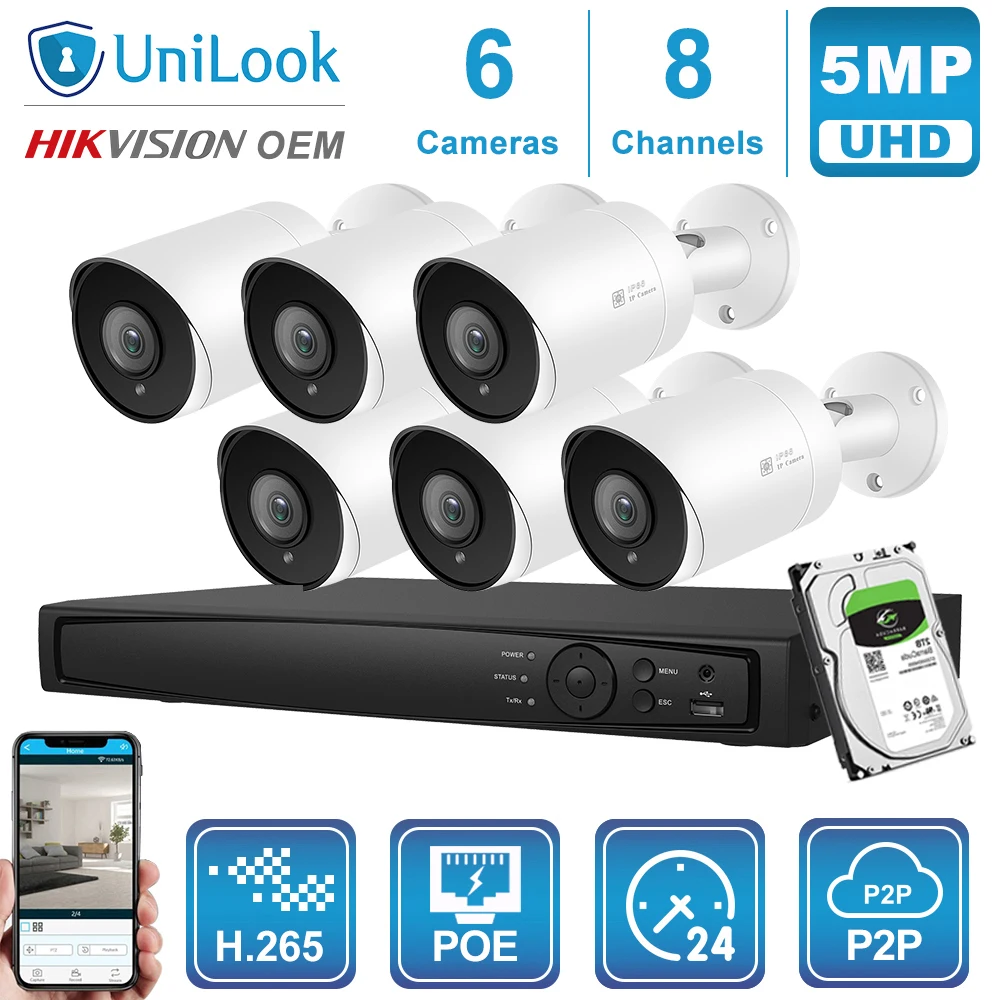 UniLook 8CH NVR 4/6/8 шт 5MP POE IP камера комплект уличная система безопасности ночное