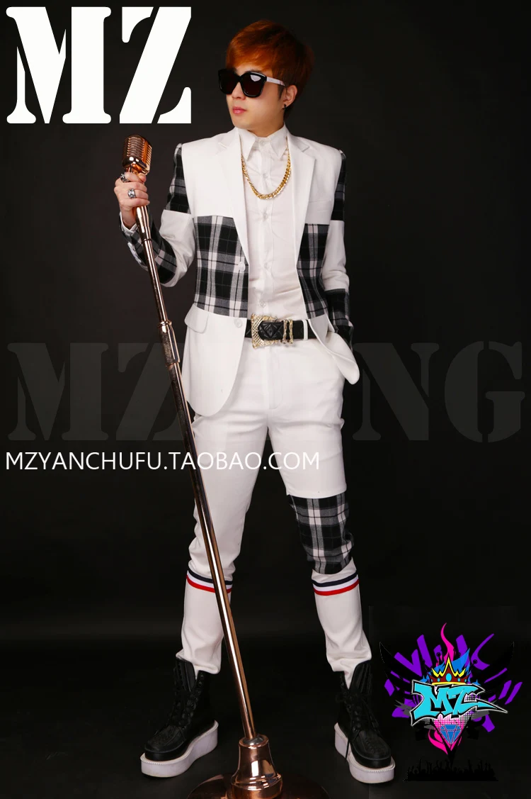 

Men Custom Made Nightclub Outfit Male Singer DJGD Trendy Stretch Black White Grid Stitching Blazer Costume Set (Blazer+Pants)