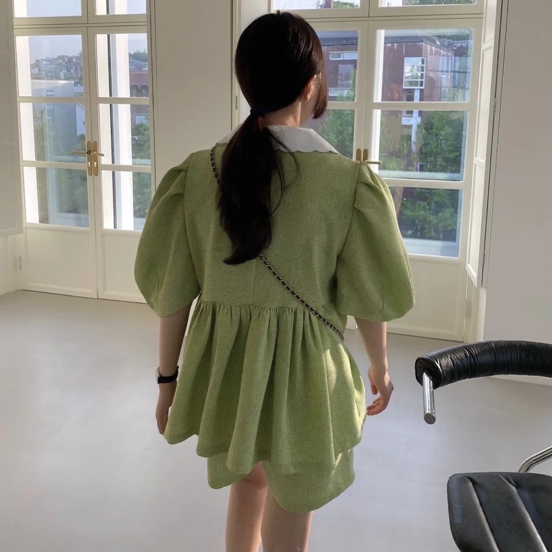 

Women Set 2021 Summer Korean Chic Western Style Age-Reducing Sweet Lapel Doll Shirt High Waist Loose Casual Shorts