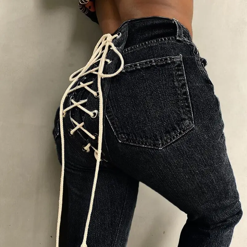 Denim Pants Button Elastic Zipped Lace Up High Waist Long Pant Jeans 2020 Women Autumn Winter Casual Streetwear Party Club Jeans