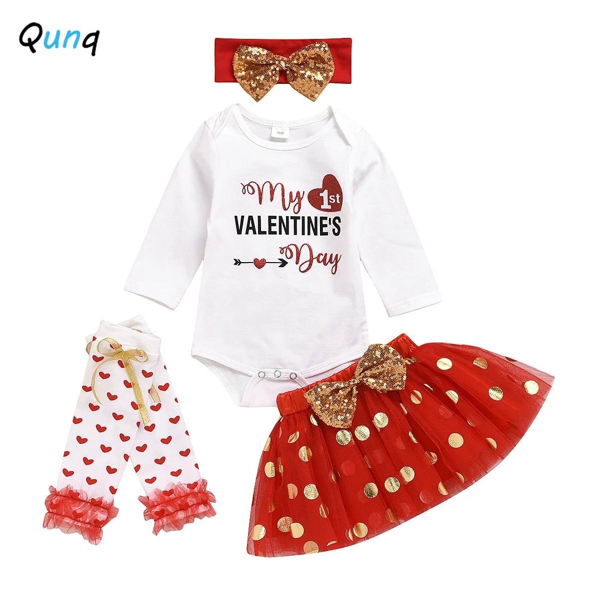 

Qunq Valentine's Day Baby Girls Clothes Headband Long Sleeve Bodysuits Mesh Skirt Leg Warmers 4pcs Newborns Suits Infant Costume