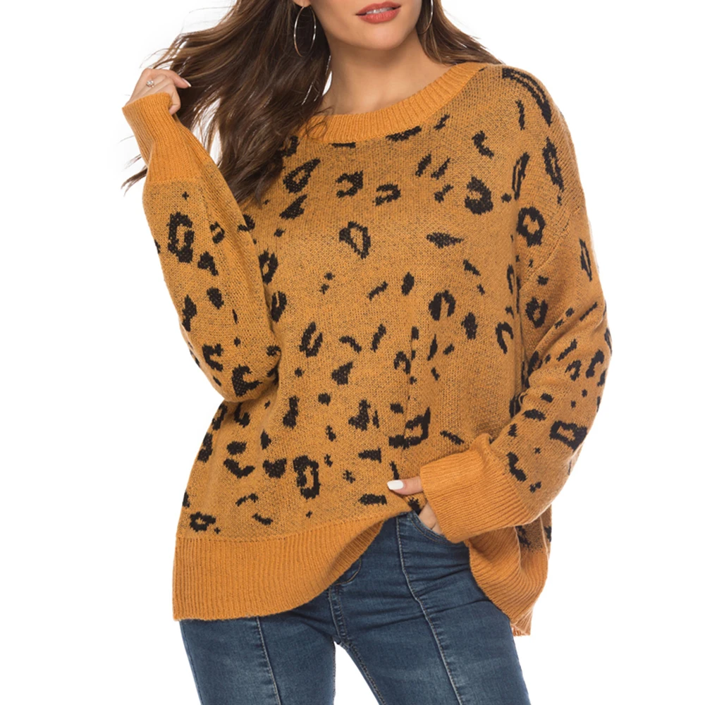 Женский леопардовый вязаный свитер пуловер с длинными рукавами и круглым