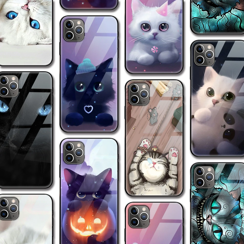 

Cute Cartoon Cat Funda Case for Iphone 12 Pro case for Iphone 12 11 XR Pro XS MAX X 7 8 6 6S Plus SE 2020 Tempered Glass Case