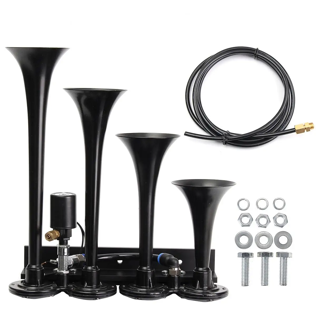 

149DB Loud 4/FOUR Trumpet Air Horn Chrome /Black 12V for Train Car Vehicle Truck Boat motorcycle