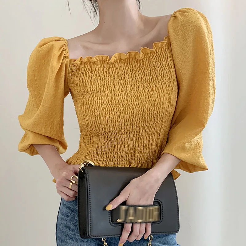 

ZCSMLL 2021 Korean chic temperament retro square collar leaking wood ear stitching wrinkle design lantern sleeve shirt top women