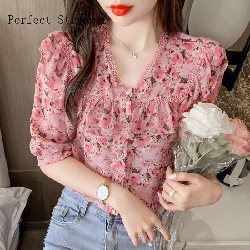 

2021 LeisureWomens Tops and Blouses Short Sleeve Shirts Women V Collar Chiffon Women's Blouse Vintage Top Female