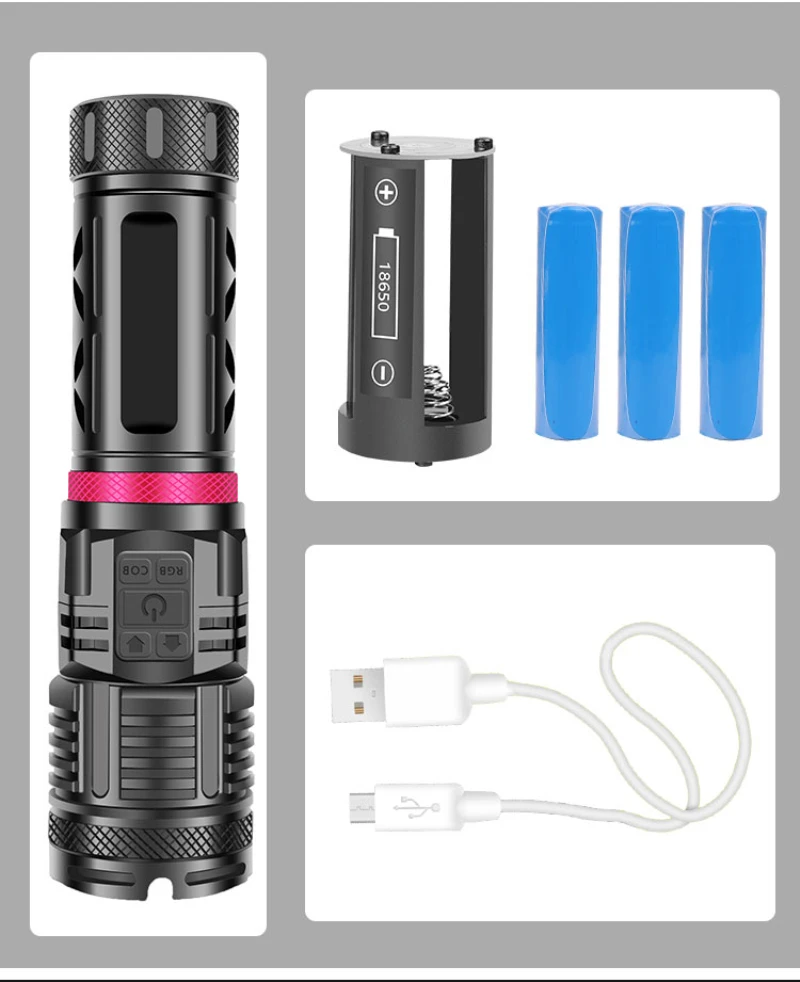 

XHP120 LED Flashlight Multi-function Glare Lamp Waterproof USB Charging Zoomable Flashlight Outdoor Portable Lighting