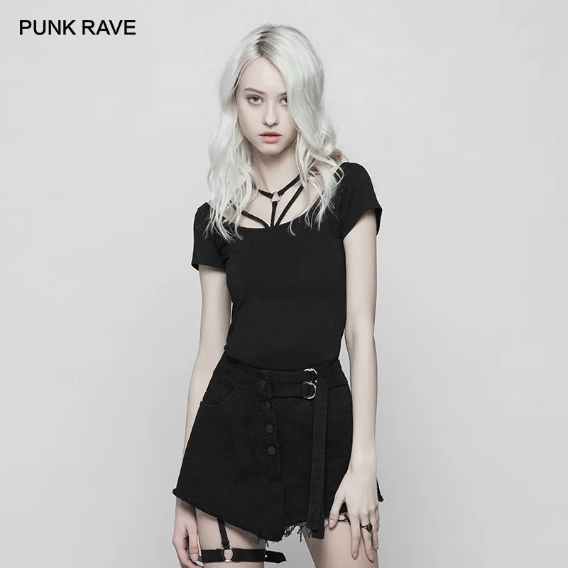 Женская Классическая облегающая футболка PUNK RAVE Goth Dark тонкие дышащие Стрейчевые
