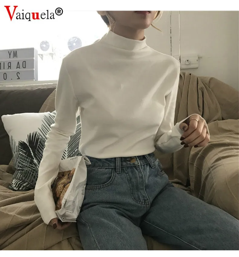 

Sexy Top Women Shirts Casual Solid Color Base Shirt Long Sleeve Turtle Neck Slim Top Black White All-match Simple T Shirt