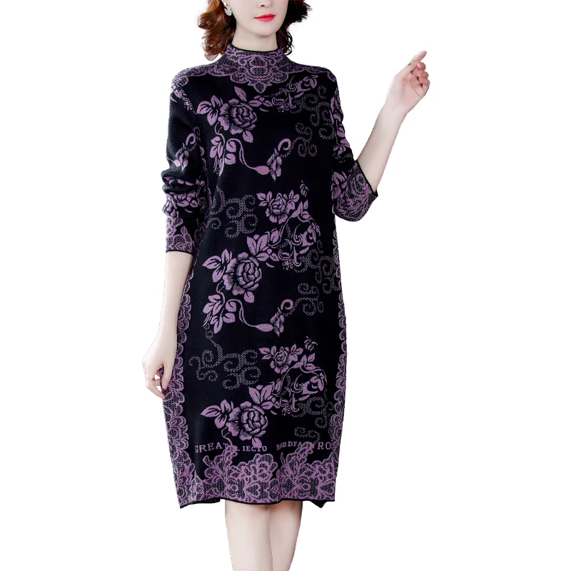 

2021 Winter Vintage Floral Knited Turtleneck Wool Red Sweater One Piece Dresses Autumn Casual Women Elegant Long Sweaters Dress