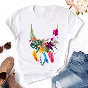 Модная дизайнерская женская футболка с принтом венка Летняя Повседневная футболка с коротким рукавом и круглым вырезом Женская белая Свободная Женская одежда HH326