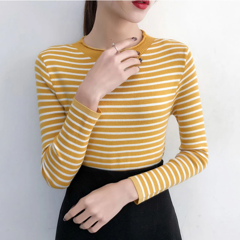 Зимний полосатый вязаный женский свитер с длинным рукавом повседневный пуловер