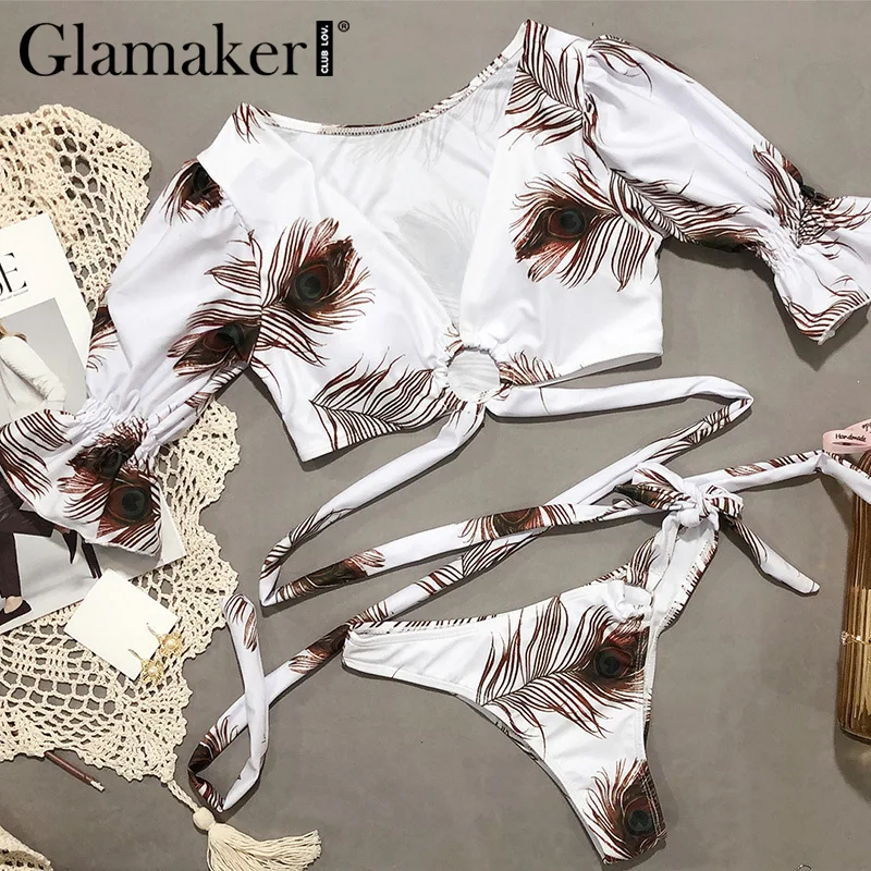 Женский Открытый купальник Glamaker желтый с коротким рукавом бикини высокой талией