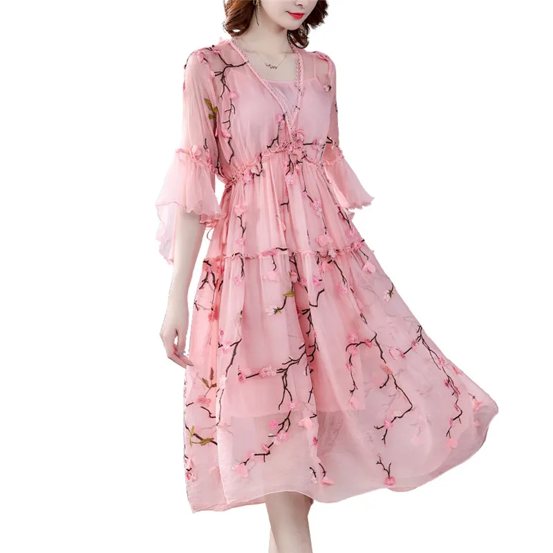 Женское платье с вышивкой Розовое свободное из искусственного шелка длинным