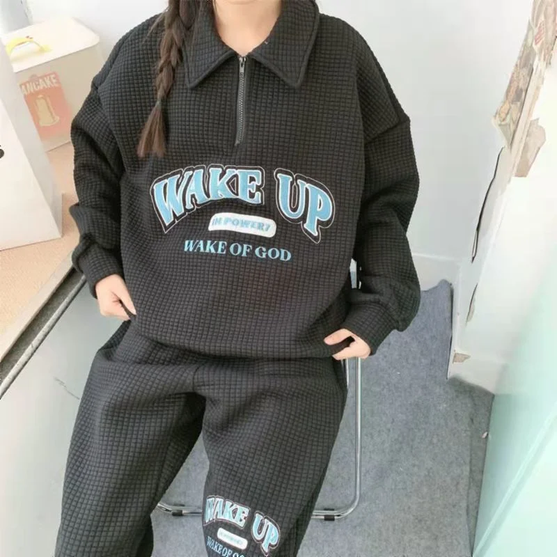 

Plaid Letter Embroidery Zipper Polo Collar Pullover Vintage Sweatshirt 2 Piece Sets Women Pencil Pants High Waist Hoodie Outfits