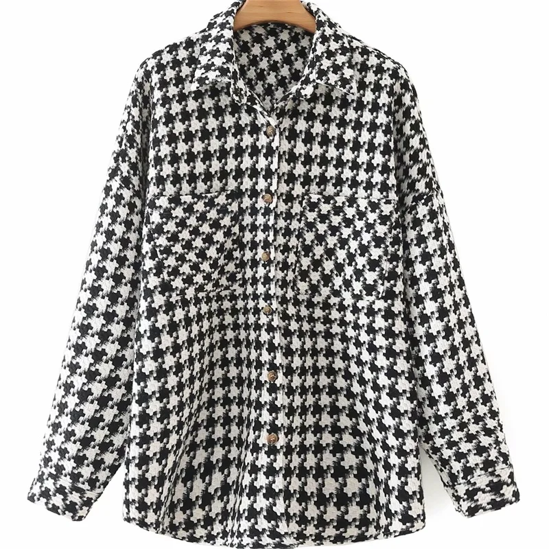 

ZXQJ Women 2021 Fashion Oversized Houndstooth Jacket Coat Vintage Long Sleeve Pockets Female Outerwear Chic Top