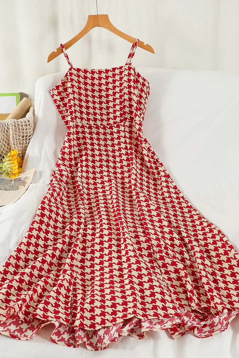 

French Vintage Houndstooth Straps Party Midi Dress Temperament Slim Waist Base Dresses for Women Summer 2021 Fashion Clothing