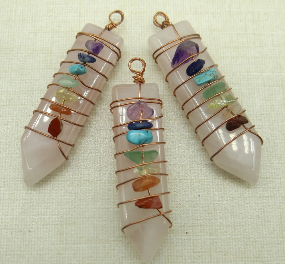 

2020 Natural stone Quartz crystal opal 7 Chakra pillar chakra Wire winding Pendant for Jewelry making necklace for men woman 6pc