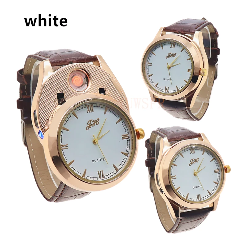 Часы мужские с зажигалкой модные перезаряжаемые USB часы беспламенным кожаным