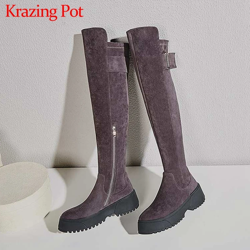 Krazing Pot/удобная модная Уличная обувь из овечьей замши с круглым носком на высоком каблуке и толстой подошве; зимние теплые женские сапоги до бедра на молнии; L05