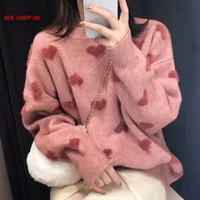 2020 women long sleeve knitted sweaters mink fur warm winter clothes cute pink o neck loose pullover heart pattern sweater new