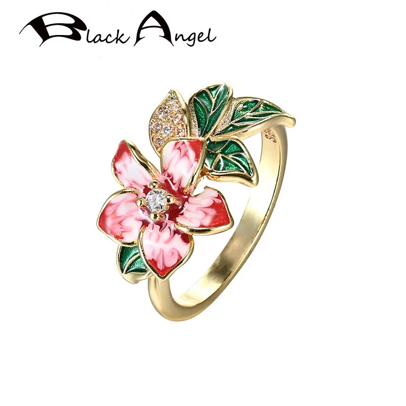 

BLACK ANGEL 18K Colorful Enamel Flowers Ring 925 Silver CZ Women Finger Rings Fashion Jewelry Wholesale Party Gift