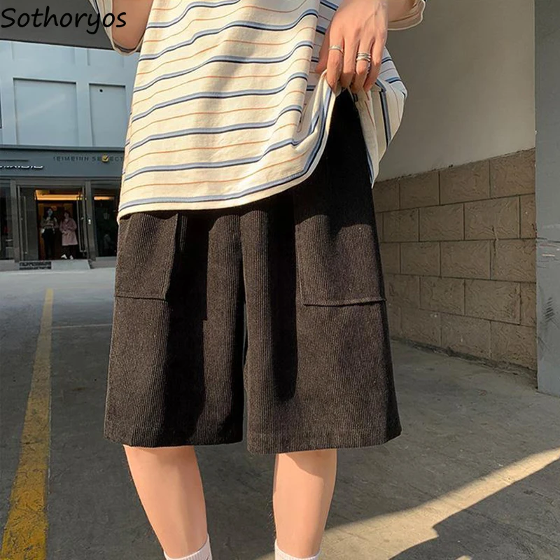 

Popular M-3XL Women Shorts Couple Solid Corduroy Simple Loose Retro Streetwear All-match Young Style Elastic High Waist Chic