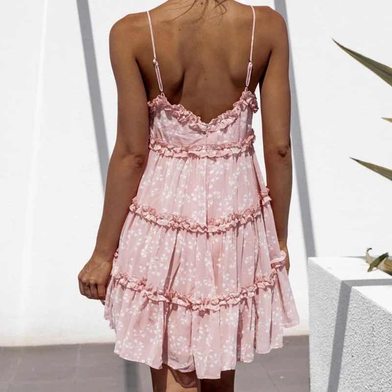 

Elegant Summer Sleeveless Women Mini Dress Sexy Deep V-Neck Strap A-Line Beach Dresses Lady Backless Ruffle Floral Dress Vestido