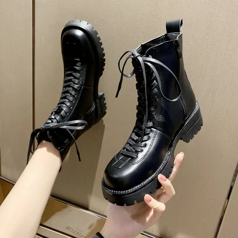 

2021 New Autumn Ladies Martin Boots Cross Straps Women's Round Toe Nude Boots PU Leather Thick-soled Mid-tube Boots Casual Shoes