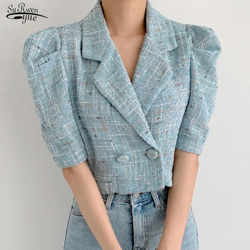 

Puff Short Sleeve Plaid Women Coats Jackets Summer Autumn Vintage Woman Jacket Suit Collar Short Style Female Jackets New 15497