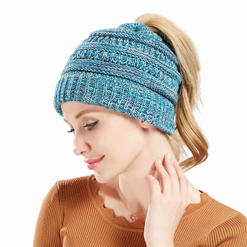 Женская зимняя шапка Skullies Beanies, вязаная шапка с ушками, теплая, конский хвост, толстая шерсть, грязные модные аксессуары, Outdoor-XMC-W6