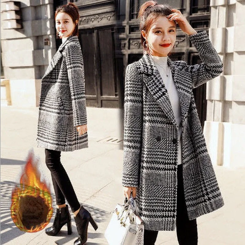 

Женское повседневное шерстяное пальто, клетчатое пальто в стиле «гусиные лапки» с длинным рукавом, верхняя одежда для осени и зимы, X52