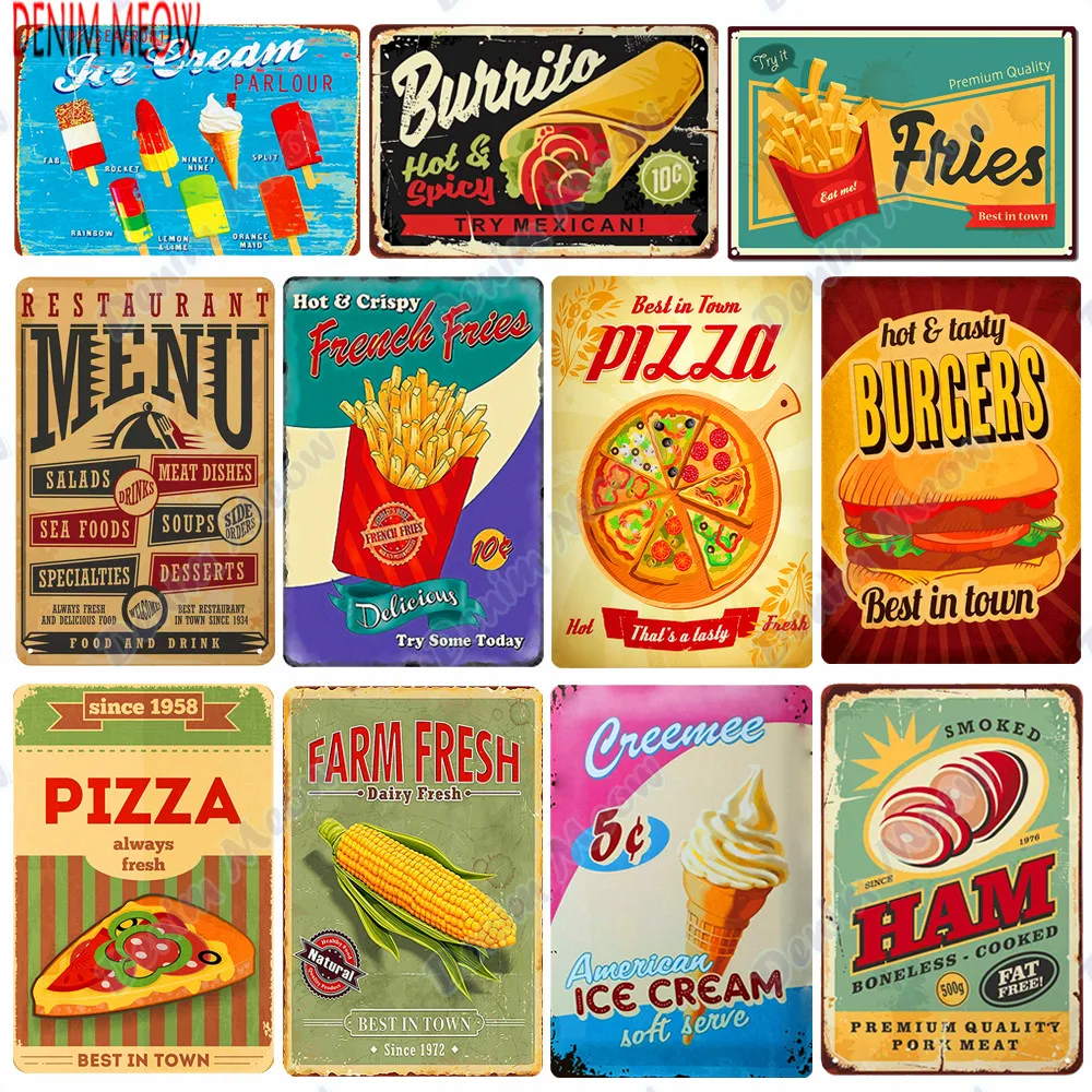 

Delicious Food Pizza Hamburgers Plaque Metal Tin Sign Vintage Home Decor French Fries Cupcake Decoration Art Wall Stickers WY11