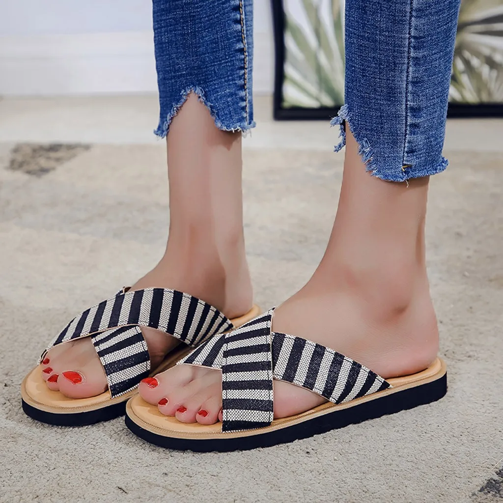 Casual Beach Slippers Women Striped Platform-Bottom Open Toe Non-slip Flip-flops Ladies Outdoor Fashion Sandals | Спорт и