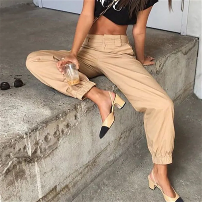 

S-3XL Plus Size Pants Women Casual High Waist Cargo Pants Women Loose Solid Black Khaki Trousers Pockets Elastic Waist Bottoms