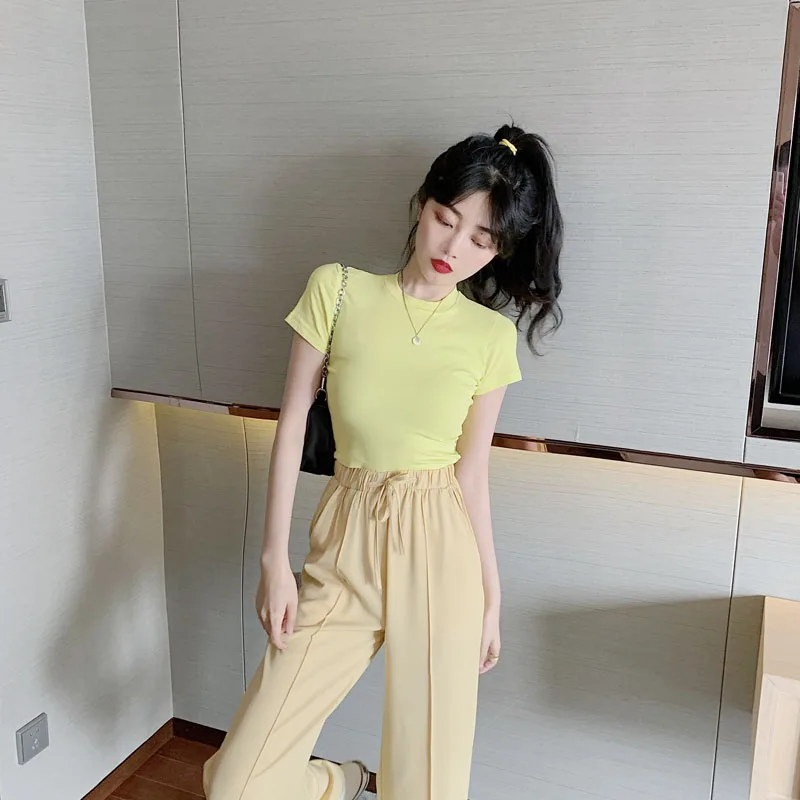 Корейский Chic все-матч облегающий Топ Однотонная одежда для похудения желтый