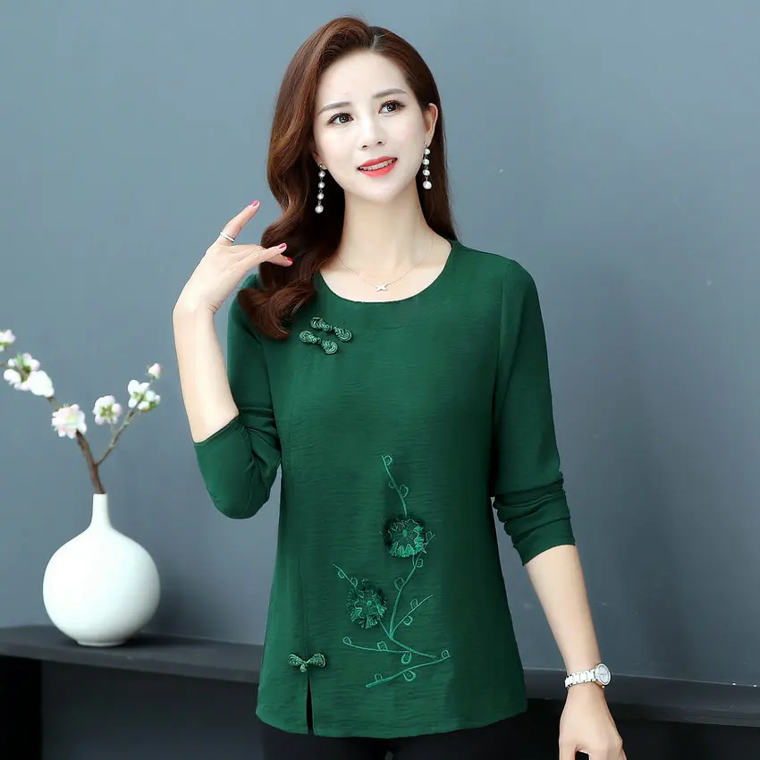 Oriental Style Women Spring Retro Blouses Green Black Red Floral Embroidery Tunic Ethnic Long Sleeve O-Neck Vintage Button Top | Женская