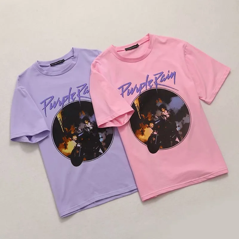 

Женская футболка с коротким рукавом, фиолетовая свободная летняя футболка с принтом рок, модель DLSY2024 в Корейском стиле на весну/лето