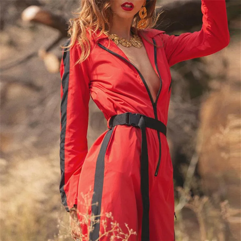 Новинка женская одежда Комбинированный комбинезон на молнии с лентой | Женская