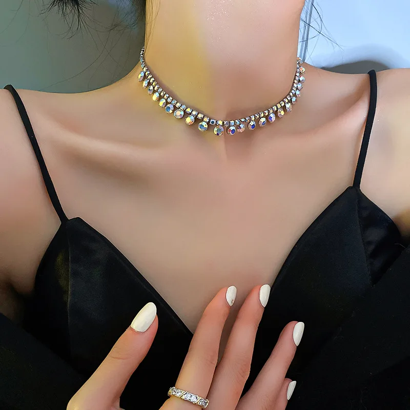 

LOVOACC Korean Elegant AB Color Rhinestones Chokers Necklaces for Women Rainbow Beaded Pendant Necklace Minimalist Accessories