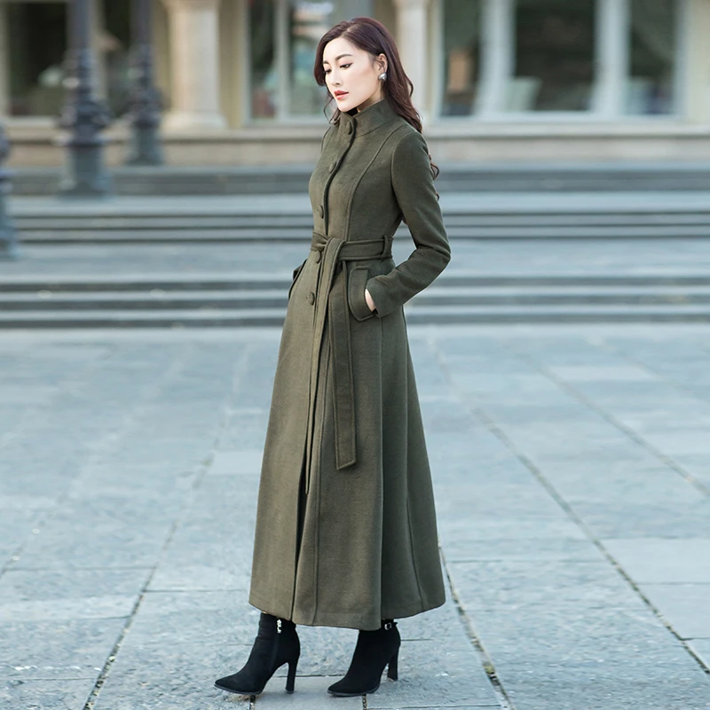 

Autumn Winter Office Lady Slim Fit Stand Collar Single-Breasted Sashes Long-Ankle Wool Coat Women Elegant Retro Woolen Jacket