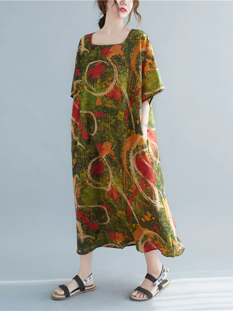 

Women's Dresses Plus Size Dress Print Retro Folk-custom O-neck Hemp Short Sleeve Dresse A-LINE Lady Cotton Mid-Calf Houthion