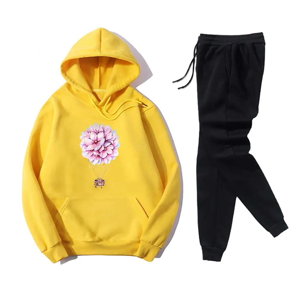 

VICABO Casual Floral Print 2PCS Sets for Women Classic Long Sleeve Hooded Tops Drawstring Waist Sweatpant Two Piece Set