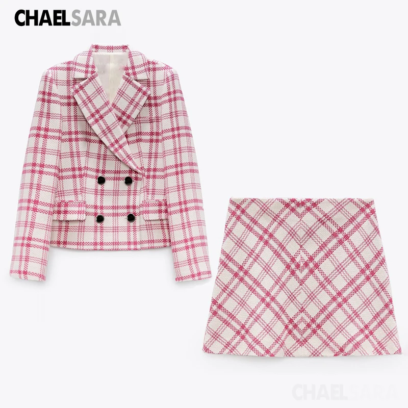 

2021 Spring Women Skirt Suits Female Double Breasted Notched Plaid Blazer Jackets + Slim Mini Skirts Two Pieces Sets Outfits