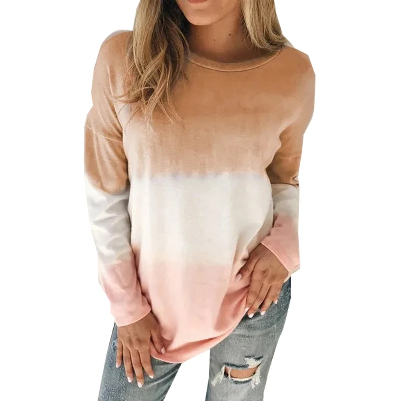 

Women Long Sleeve Tie-Dye Gradient Print Sweatshirt Round Neck Loose Pullover M5TE